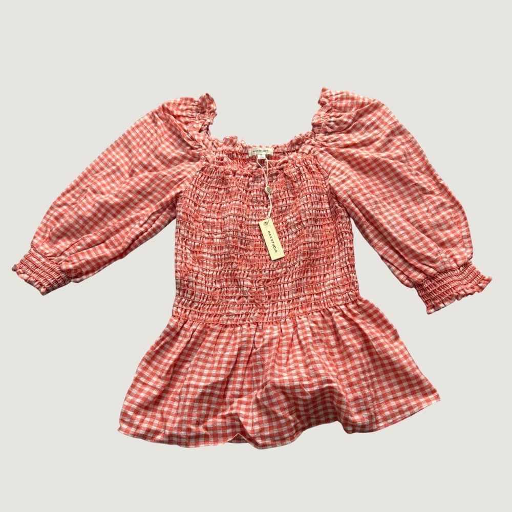 Max Studio Gingham Peplum Top Size M Smocked Puff Sleeve Orange White NWT